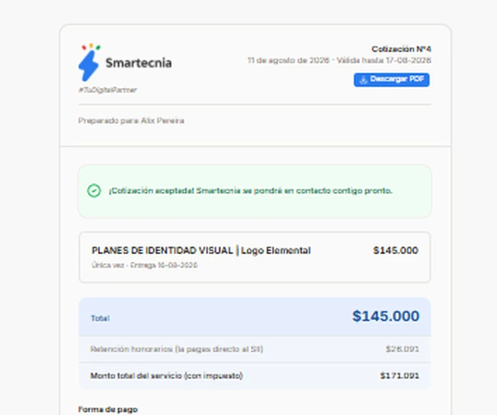 Vista de la cotización que ve tu cliente al abrir el link: precio total, forma de pago y botón para descargar el PDF