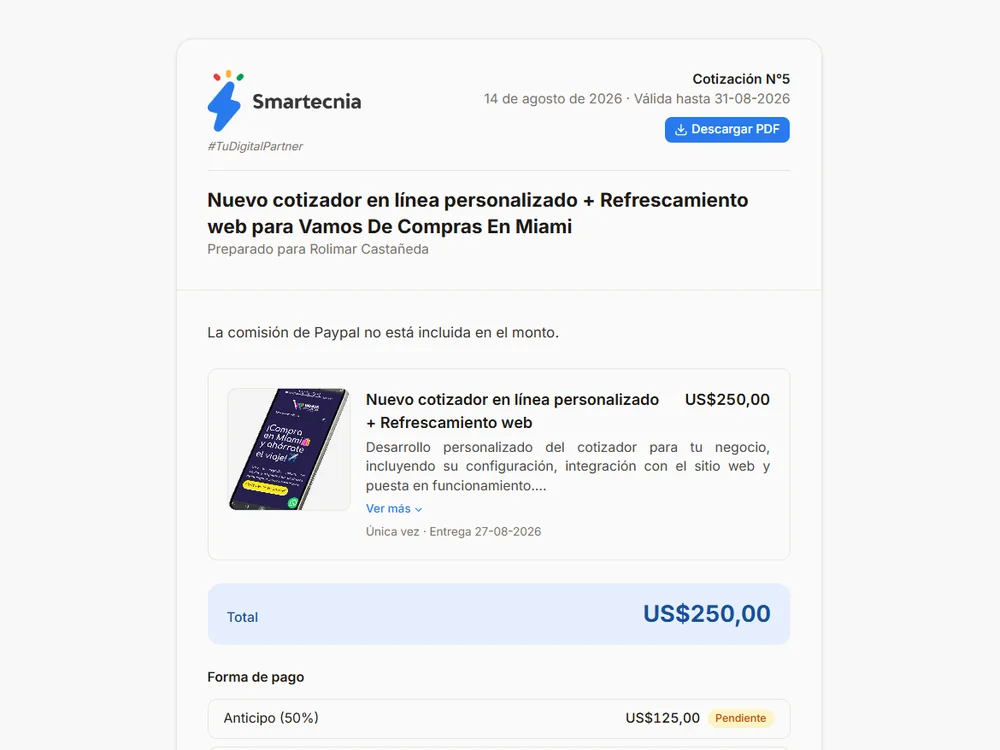 Cotización real armada en Smarty, con imagen de referencia incluida en el ítem