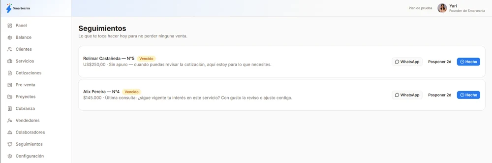 Panel de seguimientos en Smarty, con mensajes ya redactados para responder por WhatsApp en un clic