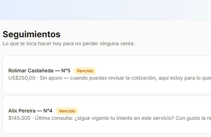 Panel de seguimientos de Smarty: cotizaciones vencidas con un recordatorio listo para reenviar por WhatsApp