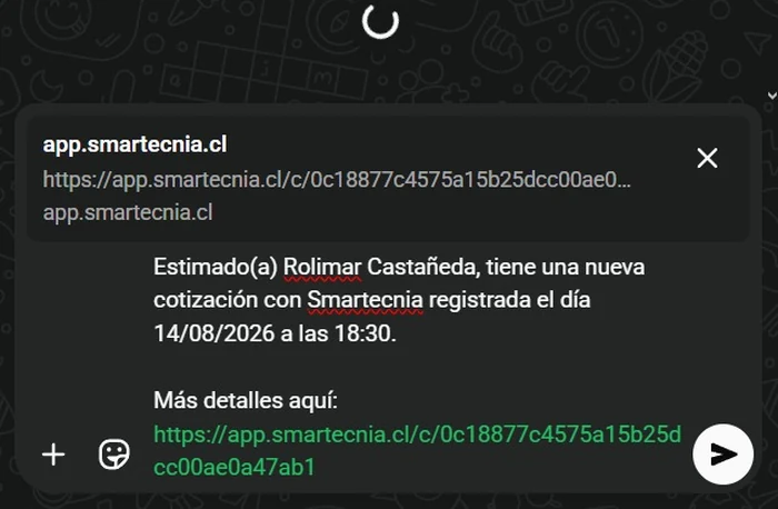 Mensaje real de WhatsApp avisando al cliente que tiene una nueva cotización, con el link para revisarla