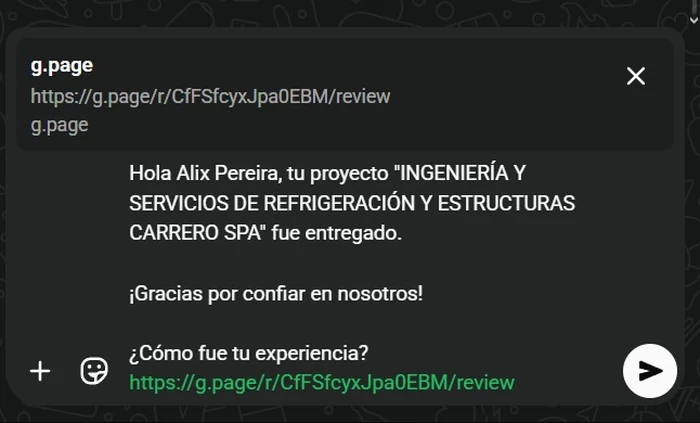 Mensaje real de WhatsApp pidiendo una reseña de Google al cliente cuando el proyecto se entrega