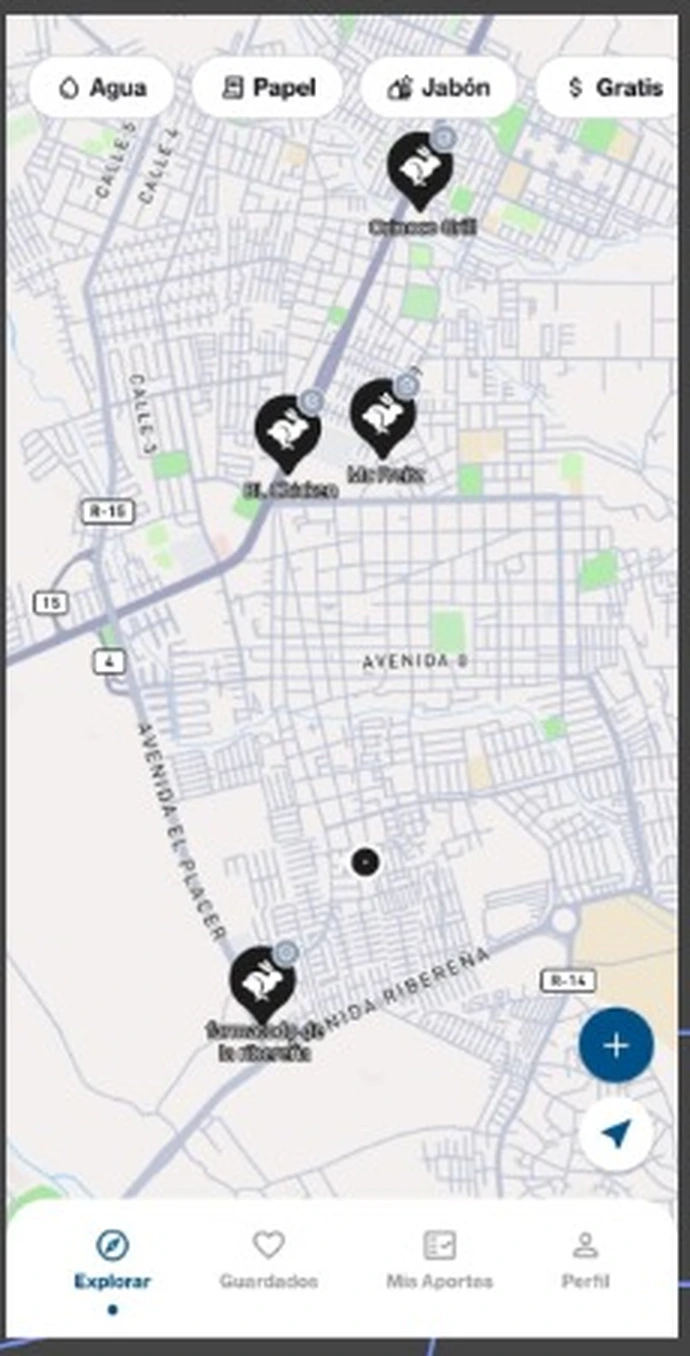 Mapa de Resty con baños cercanos filtrados por agua, papel, jabón y gratis